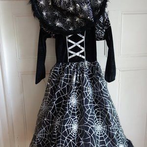 Gorgeous Spider Princess Witch Costume - Black Silver Fur Trim - Halloween - 5 6